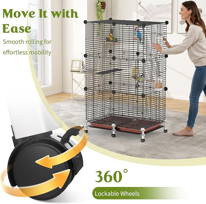 Pawaboo Bird Cage, 24.2''L x 16''W x 41''H Flight Cage with Slide-Out Tray, Waterer & Feeder, 360° Movable Metal Breeding Bird Cages with Stand & Perch for Parrot Parakeets Cockatiel Lovebird Finch
