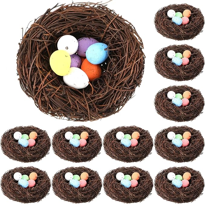 Simgoing 12 Pcs Birds Nests with 100 Pcs Easter Eggs, Mini Artificial Bird Nest for Crafts, Easter, Party, Wedding, Faux Rattan Nest Decorating(3.2 Inch)