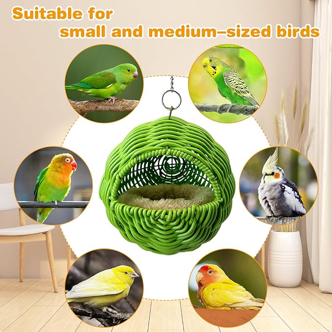 Rattan Birds Nest for Cage Hanging Parakeet House Chewproof Parrot Breeding Bed Small Budgies Hideout Swing Hut Bird Cage Accessories for Lovebirds Cockatiel Conure Finch Canary (Green)