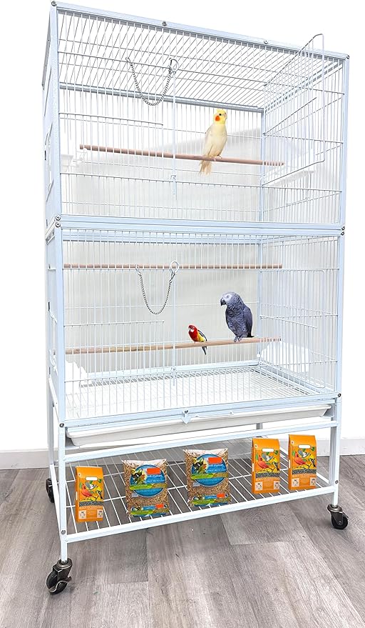 Extra Large Sturdy Wrought Iron Breeding Flights Canary Parakeet Cockatiel African Grey Lovebird Finches Parrot Home Cage Double Large Front Doors 4 Side Doors Bottom Storage Shelf On Lockable Wheels