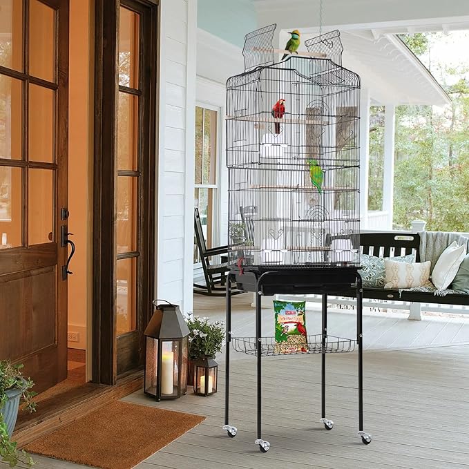HCY Open Top Standing Bird Cage 64 Inch with Rolling Stand for Parakeets Cockatiel Parrots Lovebirds Medium Small Bird Cage-Black, L18 * W14 * H62 inches