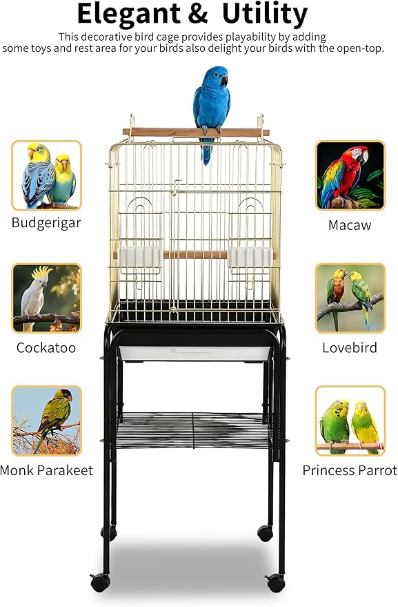Garvee Bird Cage, 57‘’H Open-Top Durable Bird Cage w/Rolling Stand, Removable Tray, Extra Storage Stand, Brakable Casters,Large Dorr for Access, Indoor& Outdoor Use for Birds