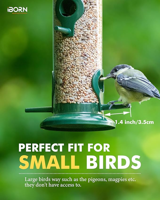 iBorn Metal Bird Feeders Hanging Wild Bird Seed Feeder for Mix Seed Blends, Niger Seed Feeder, Sunflower Heart, Birdbath, Heavy Duty All Metal Green Finishing 15 Inch 4Port