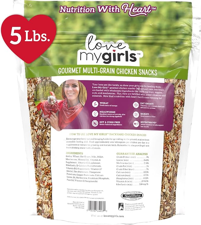 Love My Girls: Chicken Snacks - 5-Grain & Worms - 5lb Bag - Global Harvest, Gourmet Multi-Grain Treats, Corn-Free, Nutritious & Protein Rich Mealworms