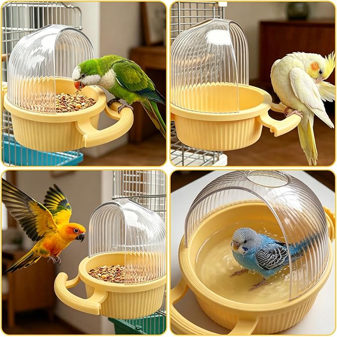 Litewoo No Mess Bird Feeder for Cage Parrot Feeder with Dispenser Multifunctional Bird Seed Food Water Bowl for Parrot Lovebird Budgie Finch Parakeet Conure Cockatiel (Yellow)