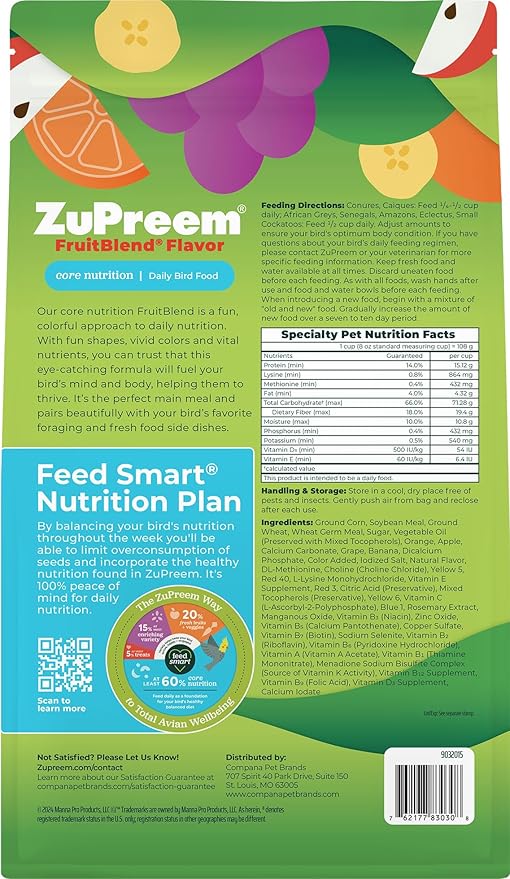 ZuPreem FruitBlend Bird Pellets, Daily Bird Food for Parrot, Conure, Caique, African Grey, Eclectus, Small Cockatoo, Core Nutrition for Medium Large Birds, Parrot Food (ML, 3.5 lbs)