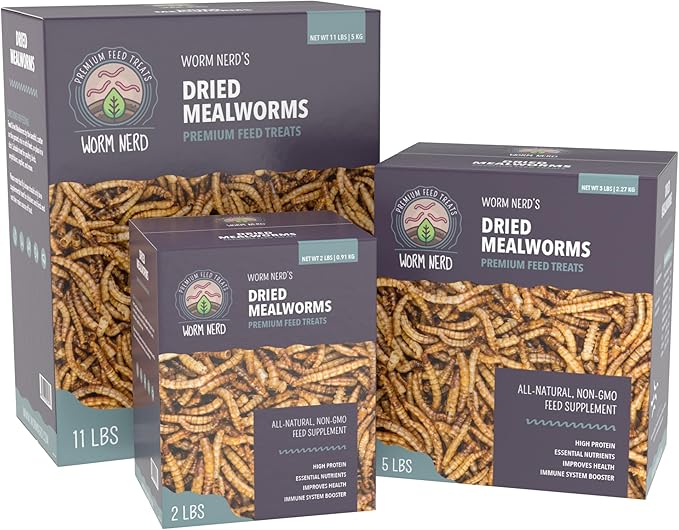 Worm Nerd WN60 5LB Dried Mealworms Non-GMO High Protein and Fiber Treat for Chickens, Birds, Reptiles, Amphibians, Fish