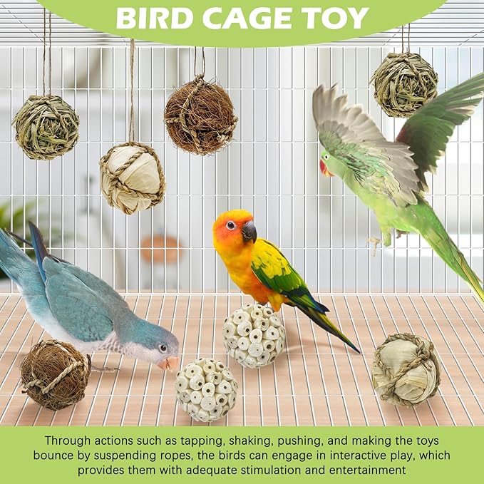 BNOSDM 8PCS Natural Bird Chew Toys Lightweight Conure Foot Toy Sola Balls Shred Toy Interactive Parrot Foraging Toys Bird Chew Balls with Hemp Rope Hook for Budgies Cockatiels Parakeets Senegal