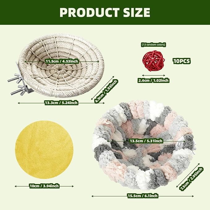 12pcs Bird Nest for Cage, Plush Hanging Bird Bed and Hand Woven Hemp Rope Nest,with 9 Bird Toys, for Dove Parrot Canary Little Parrot Warm Breeding Cabin Nest