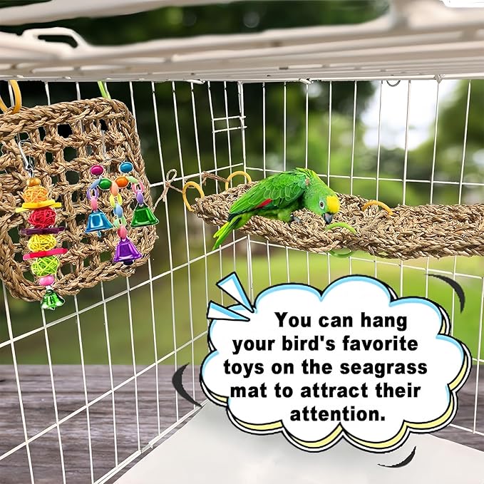 Tfwadmx Large Bird Seagrass Hammock, 3Pcs 7x11.8in Seagrass Mat for Birds, Hanging Parrot Toys, Counre House Hut Hideout for Parakeets, Lovebirds, Budgies, Cockatiels