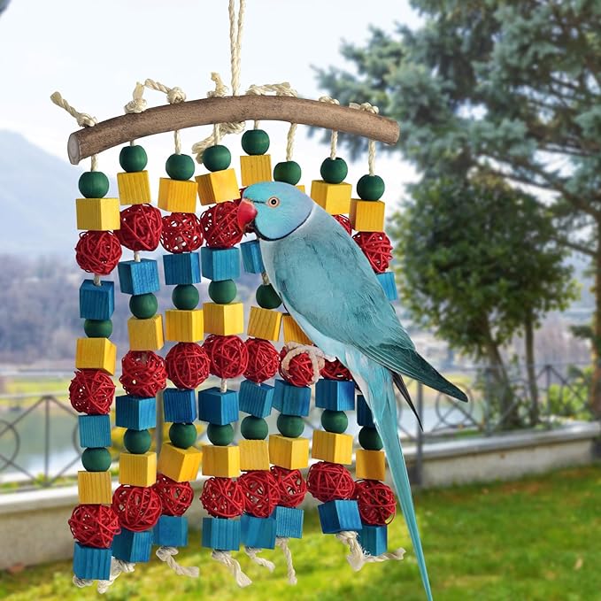 DBNESS Large Parrot Toys, 17.7 inch Multicolored Natural Wooden Blocks Beads Rattan Balls, Bird Chew and Hanging Tearing Toys for Large Medium Birds Macaws African Grey Cockatoos Amazon Parrots