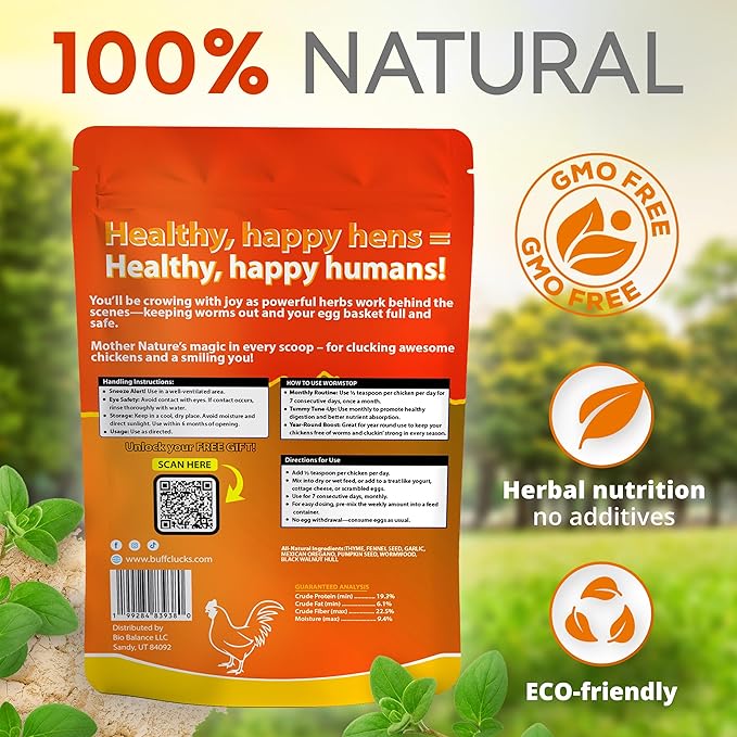 Buff Clucks WormStop Natural Chicken Dewormer Powder – All-Natural Herbal Blend for Daily Wellness - Chicken Wormer is Safe for Eggs & All Ages - Garlic, Pumpkin Seed, Wormwood - USA (8 oz)
