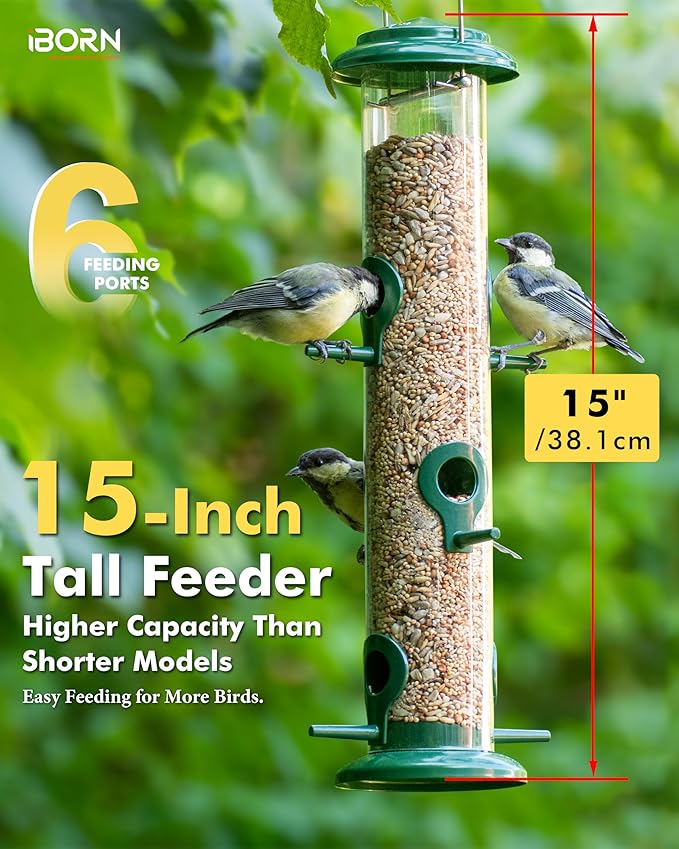 iBorn Metal Bird Feeders 6 Ports Hanging Wild Bird Seed Feeder for Mix Seed Blends, Seed Feeder, Sunflower Heart, Birdbath, Heavy Duty All Metal Green Finishing 15 Inch 6Port,Gift Box