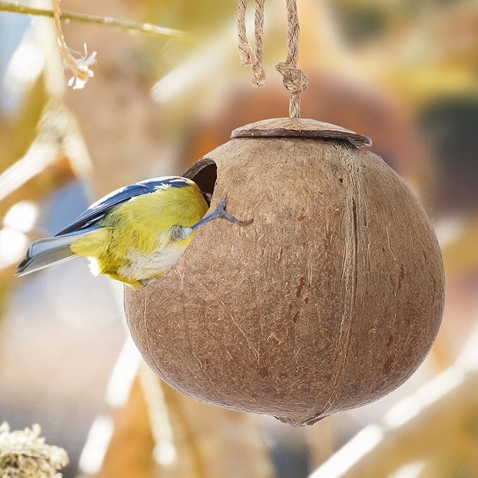 Skylety 3 Pcs Coconut Bird Nest Hut Hanging Bird House Coconut Hide with 6.9 Feet Fake Vines Coconut Fiber Shell Small Bird Cage Accessories for Parrot Parakeet Canary Reptile Crested Gecko Hamster