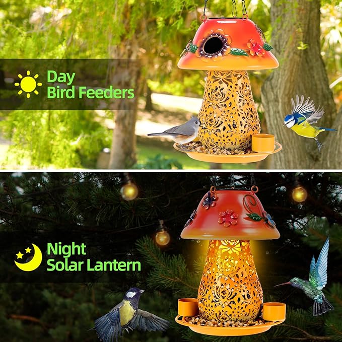 Mushroom Solar Bird Feeders for Outdoors Hanging Metal Wild Bird Feeder with S Hook for Garden Decoration Orange