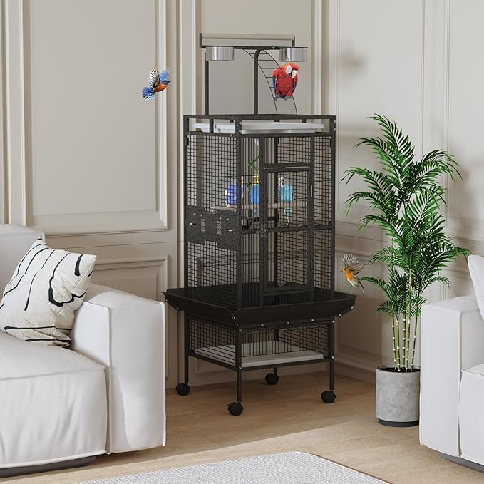 Garvee 60 inch Large Bird Cage with Rolling Stand, Metal Parrot Cage with Play Top & 4 Stainless Steel Bowls, Birdcage Pet House for Conure Cockatiel Parakeet Lovebird, Black
