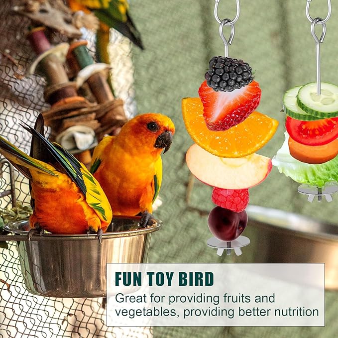 2pcs Bird Cage Food Holder, Stainless Steel Parrot Fruit Skewer with Hook Bird Fruit Feeder Bird Supplies Foraging Toys for Macaw Parakeet Parrot Budgie