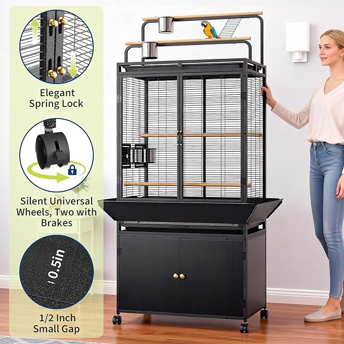 Large Bird Cage, 71" h Rolling Birdcage with Play Top & Storage Cabinet, Wood Parakeet Cage for Macaw Parakeet Parrot Cockatiel Budgie (Dark Walnut)