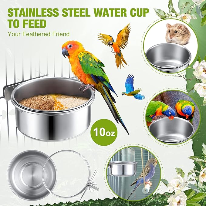 Sabary 6 Pack Bird Feeding Bowls Cups, Parrot Food Water Dishes Stainless Steel Bird Food Bowls with Clamp 10oz Birds Water Feeder for Parakeet Conure Cockatiel Lovebird Budgie Chinchilla Small Animal