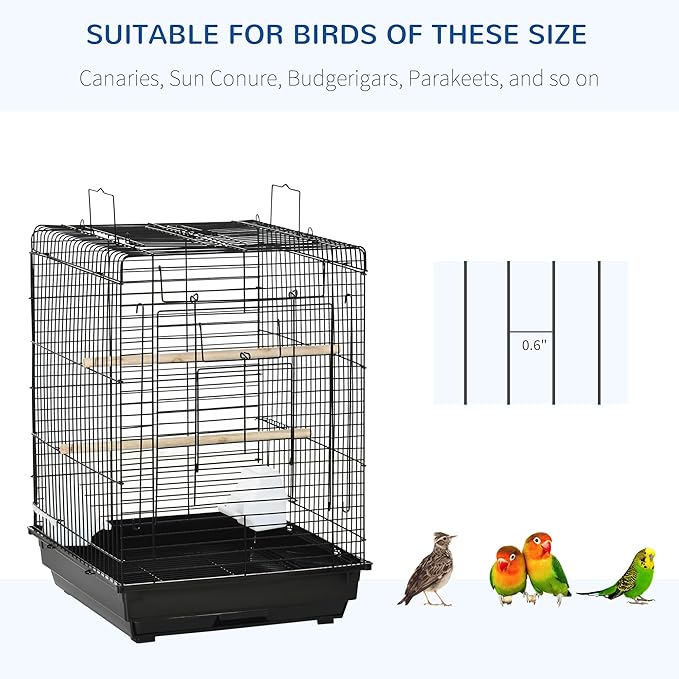 PawHut 23" Bird Cage Flight Parrot House Cockatiels Playpen with Open Play Top and Feeding Bowl Perch Pet Furniture Black