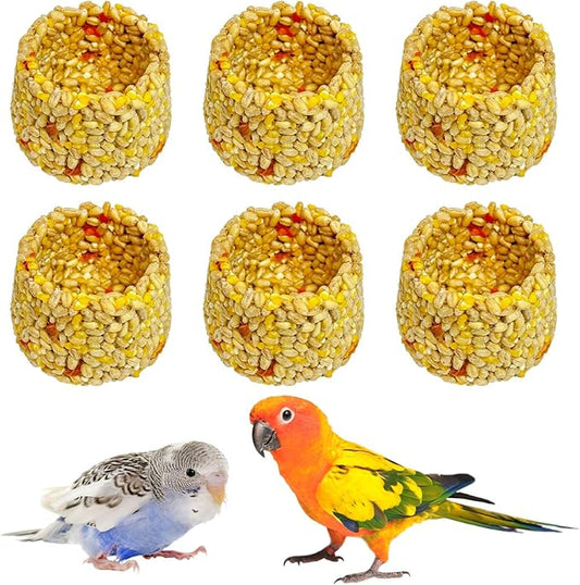 PINVNBY 6 PCS Parrot Treats Natural Oats & Corn Flakes Cockatiel Treats Bowl Shape Budgie Snacks Edible Bird Chewing Toys for Parrots Parakeet Conure Lovebird Finch Canary