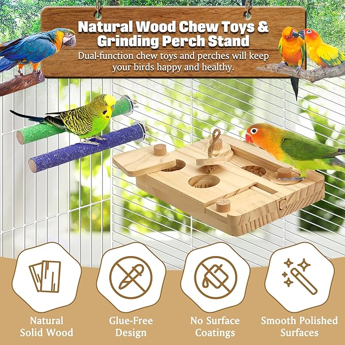 BNOSDM Wooden Bird Foraging Toys with Paw Grinding Sticks, Natural Wood Enrichment Puzzle Toys for Training & Chewing Stand Platform Feeder Cage Accessoriesfor Parrots, Parakeets, Cockatiels, Conures