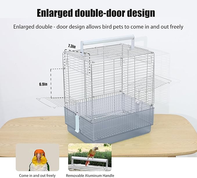 Stainless Steel Travel Bird Cage, 304 Portable Foldable Carrier for Parrots, Conures, Cockatiels, Parakeets – 17 Inch Large Birdcage with Aluminum Handle & Perch(Blue, Large Birdcage)
