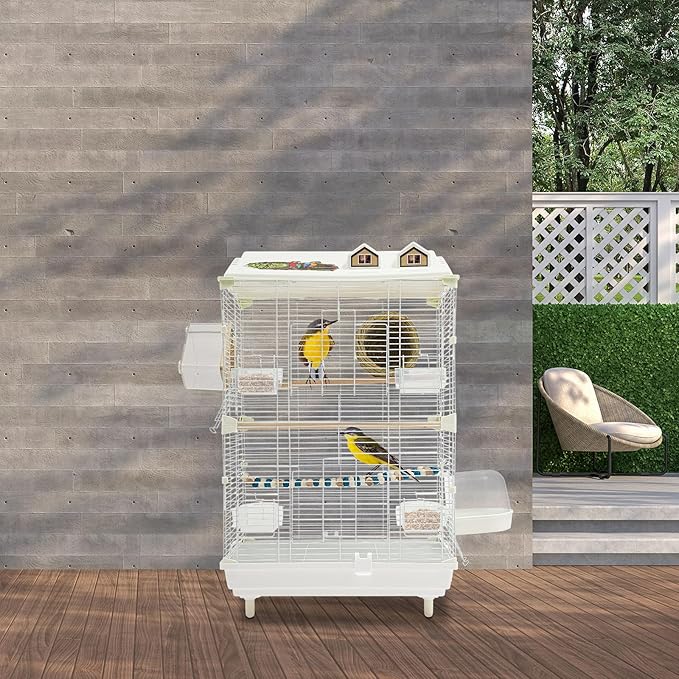 2-Door Wrought Iron Bird Cage Parakeet Cage with Roof, 30" H Parrot Cage Pet Birds Flight Cage w/Ladder & Nest, Interactive Birdcages Bird House Travel Cages for 4-6 Small Birds (Iron Mesh)