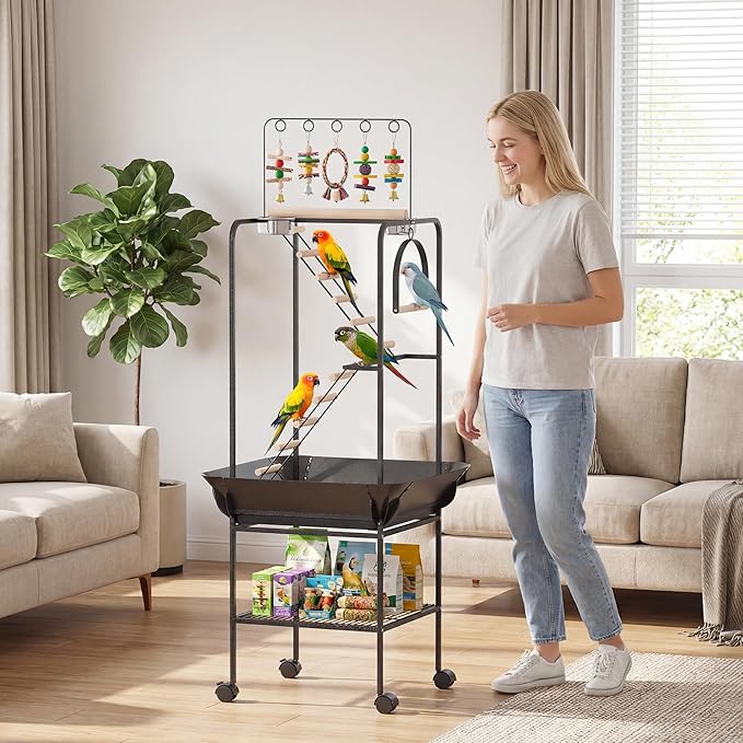 PawHut 64" H Rolling Bird Stand Parrot Playstand with Seed Guard & Wheels, Steel Bird Playground Gym with Ladders, Swing, Toy Hook & Bowls, Large Parrot Perch for Cockatiels, Conures, Parakeets
