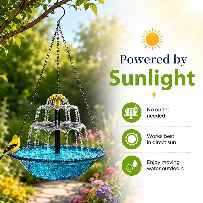 Hanging Bird Bath with Textured Bowl and Metal Chains, Solar Fountains with Cascade Flow for Outdoor Garden, Patio, and Yard Decor (Pink(L))