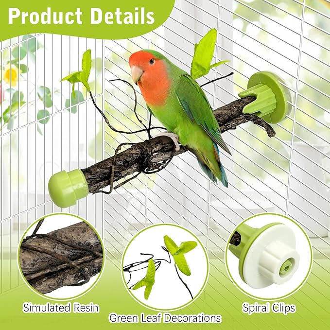 PINVNBY 2 PCS Bird Perches Simulation Branch Parrot Cage Perch Stand with Green Leaf Hanging Paw Grinding Fork Cage Accessories for Parakeets Budgies Finches Cockatiels Conures