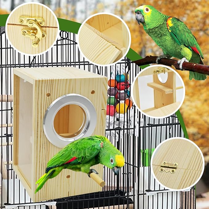 Parakeet Nesting Box,Transparent Bird Nest Boxs Natural Wooden Breeding Box with Coconut Fiber,Birds Cage House with Perch for Canary Budgies Gouldian Finch Cockatiel Conure and Other Small Birds