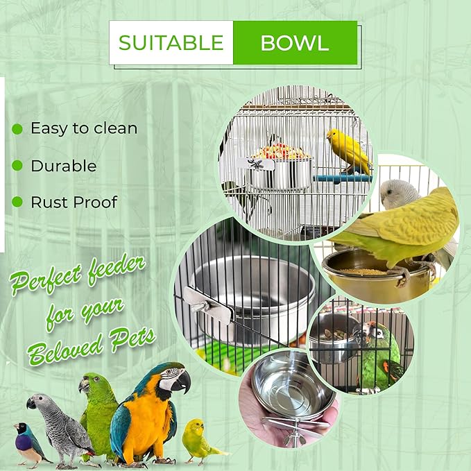 2pcs Bird Cage Feeder Stainless Steel, 10 * 5cm Bird Water & Food Bowl, Durable Bird Cage Accessories, Includes Round Wooden Perch, Bird Feeder Spoon & Water Spout, for Parrots & Small Birds