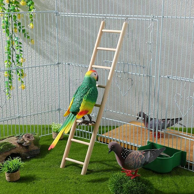 14.7 Inch Bird Ladder for Parakeets and Cockatiels, 8-Step Natural Wood Parrot Climbing Toy with Stainless Steel Hooks - Safe Chewing Cage Accessory