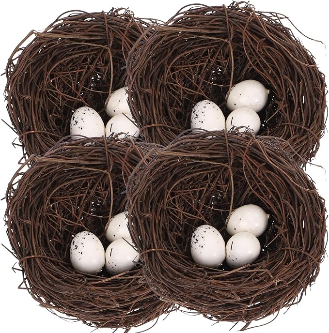 PRETYZOOM Artificial Bird Nest Decor Set with 4 Rattan Nests & 12 Speckled Eggs, 3.93 x 3.93 x 1.96 in, Realistic Nature-Themed Easter Party Favors, DIY Crafts & Home Office Decoration