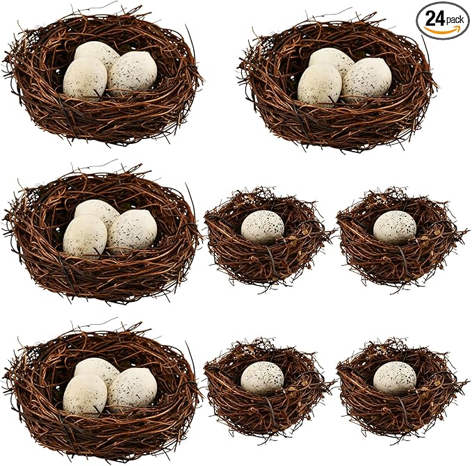 Bird Nest Decor for Crafts, 24-Piece Set with 8 Rattan Nests (2.36/3.15 in Dia) and 16 Faux Eggs (About 1.18 in L), Brown Tan for Wreaths Centerpieces Shelves