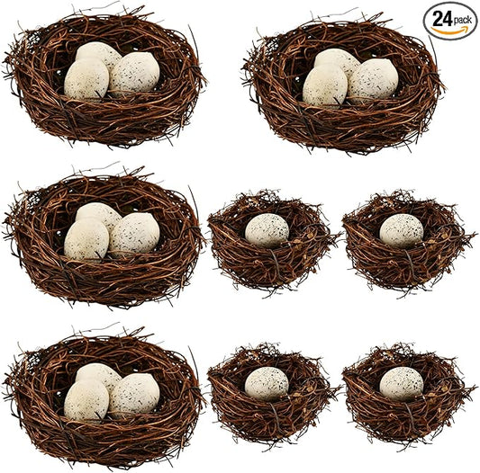 Bird Nest Decor for Crafts, 24-Piece Set with 8 Rattan Nests (2.36/3.15 in Dia) and 16 Faux Eggs (About 1.18 in L), Brown Tan for Wreaths Centerpieces Shelves