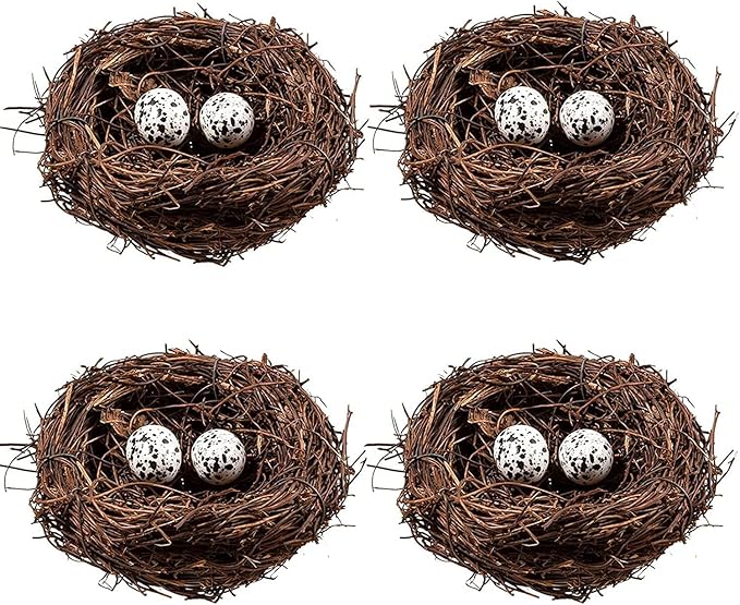 Birds Nest with Eggs Easter Rattan Nest Decorating, Mini Artificial Birds Nest for Easter Crafts Home Garden Decor Wedding Party (4 Inches)