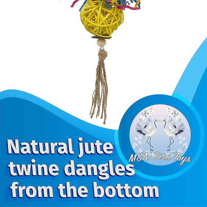 1701 Rainbow Rattan Bird Toy with Jute and Crinkle Paper – Shredding and Foraging Fun for Parakeets, Cockatiels, Conures, and Small Parrots – Natural Bird-Safe Toy for Cage Enrichment