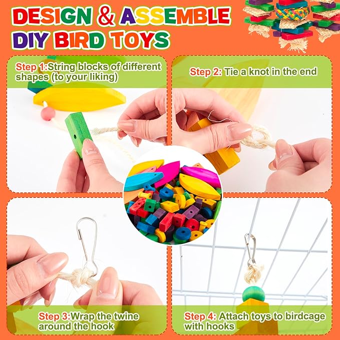 Shappy Large Bird Toy Making Kit, 228 Pcs DIY Parrot Toys Supplies, Natural Wood Chewing Blocks Beads Rope Bell Set for Macaw, Cockatiel, African Grey, Parakeet Cage Enrichment