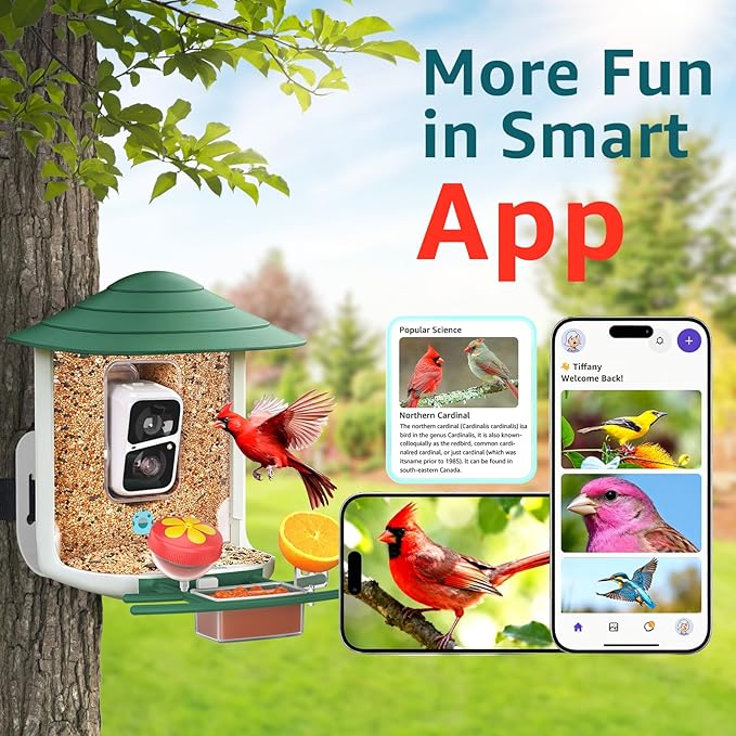 birdsnap® TUC Bird Feeder with Camera 2K HD Live with 32GB Card Auto Detect & Notify AI Identify Camera Birds Feeders Solar Powered Wireless Outdoors Backyard Gift for Mom Dad Birds Lover, 2.4G WiFi