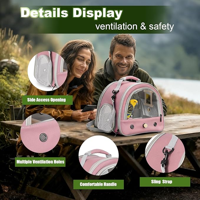 Parrot Travel Cage with Bird Cage Bells Mirror Set,Portable Small Bird Parakeet Bag with Standing Perch and Comfy Mat Bird Carry Transport Bag with Clear Window Vet Visit Shopping