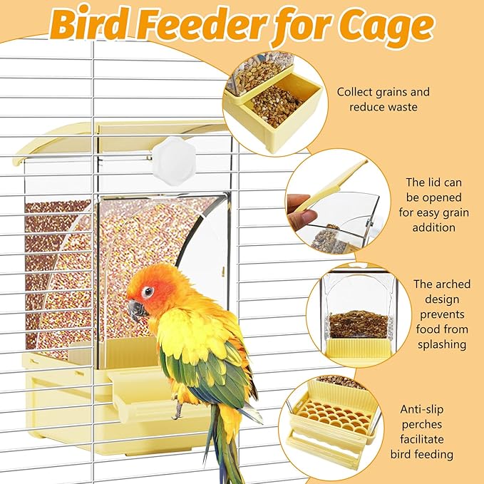 BNOSDM No Mess Bird Feeder Transparent Automatic Bird Cage Feeder with Perch Acrylic Parrot Food Container Parakeet Cage Accessories for Parakeets, Budgies, Cockatiel, Finch, Canary, Lovebird (Yellow)