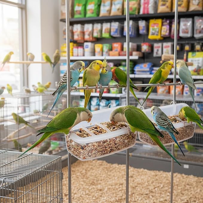 2Pcs Transparent Hanging Bird Cage Feeders & Food Bowls for Parrots and Parakeets, Splash-Proof Design, Easy Install with Hook for Cage