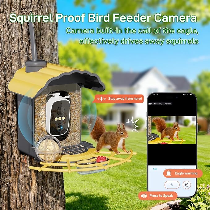 Smart Bird Feeder with Camera: Hummingbird Feeder with Solar Powered for Outdoors, Bird House with 2K HD Video & AI Bird Species Identification, Arrival Alerts, Gift for BirdLovers - Yellow