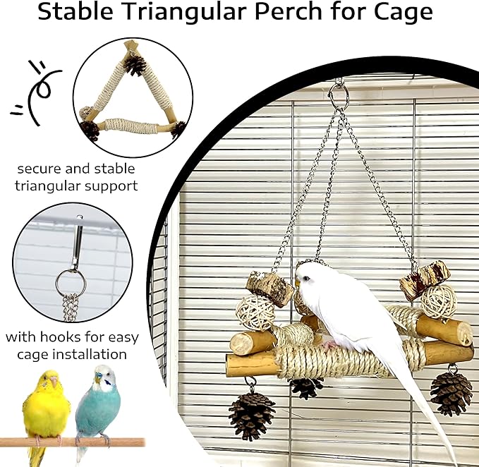 Bird Swing for Cage with Chew Toys, 3 Sisal-Wrapped Parrot Perches & Stable Triangle Design, Wooden Hanging Parakeet Toys Swing for Cockatiel Lovebirds Conures Quaker Balance Training (S)