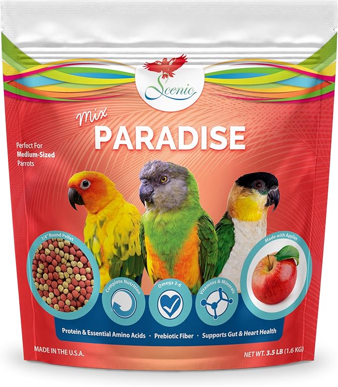 Scenic Mix Paradise Medium Parrot Food - 7 lb (2 x 3.5 lb Bags) - 1/4" Bird Pellets - Complete Nutrition for Sun Conures, Pionus, Senegals, Caiques & More