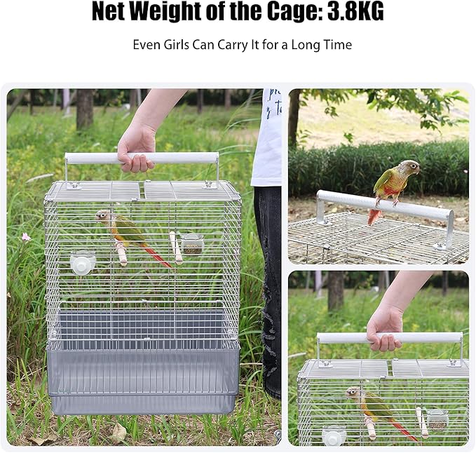 Stainless Steel Travel Bird Cage, 304 Portable Foldable Carrier for Parrots, Conures, Cockatiels, Parakeets – 17 Inch Large Birdcage with Aluminum Handle & Perch(Blue, Large Birdcage)