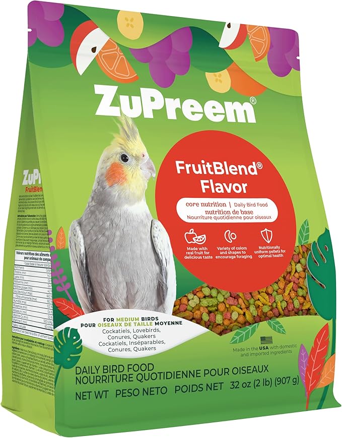ZuPreem FruitBlend Bird Food, Bird Feed Pellets for Cockatiels, Lovebirds, Quakers, Small Conures & Lorikeets, Core Nutrition with Natural Fruit, Cockatiel Food, Conure Feed, (Medium, 2 lb Bag)
