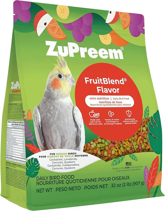 ZuPreem FruitBlend Bird Food, Bird Feed Pellets for Cockatiels, Lovebirds, Quakers, Small Conures & Lorikeets, Core Nutrition with Natural Fruit, Cockatiel Food, Conure Feed, (Medium, 2 lb Bag)